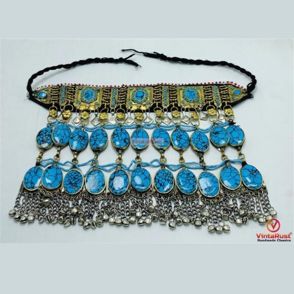 Turquoise Stone Afghan Choker: Tribal Kuchi Jewelry Statement Necklace - Picture 4 of 7